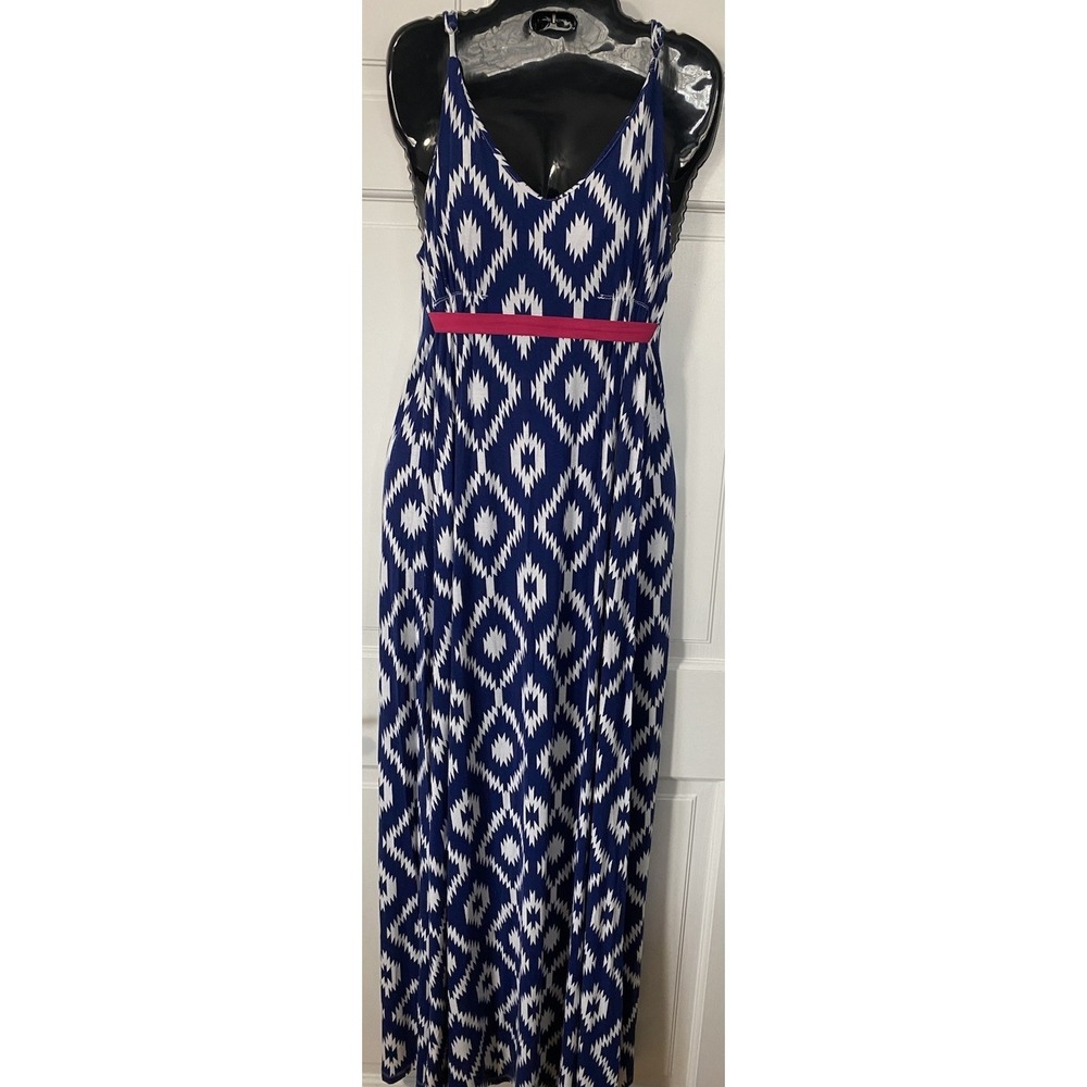 Macbeth Collection Maxi Dress M Blue White Ikat Sleeveless‎ Boho Summer - Picture 2 of 9